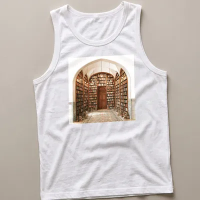 Realistic illustration of a library doorway with the text 'Doorway To Everywhere' — printed on a tank top