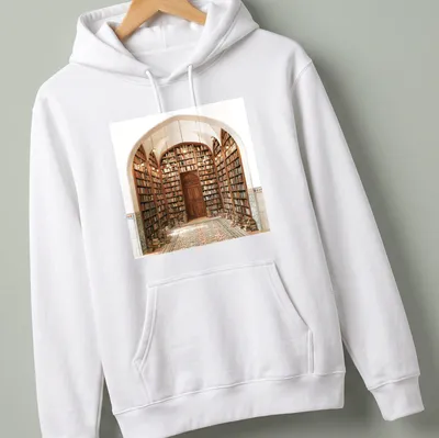 Realistic illustration of a library doorway with the text 'Doorway To Everywhere' — printed on a unisex hoodie