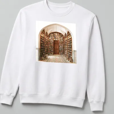 Realistic illustration of a library doorway with the text 'Doorway To Everywhere' — printed on a unisex sweatshirt