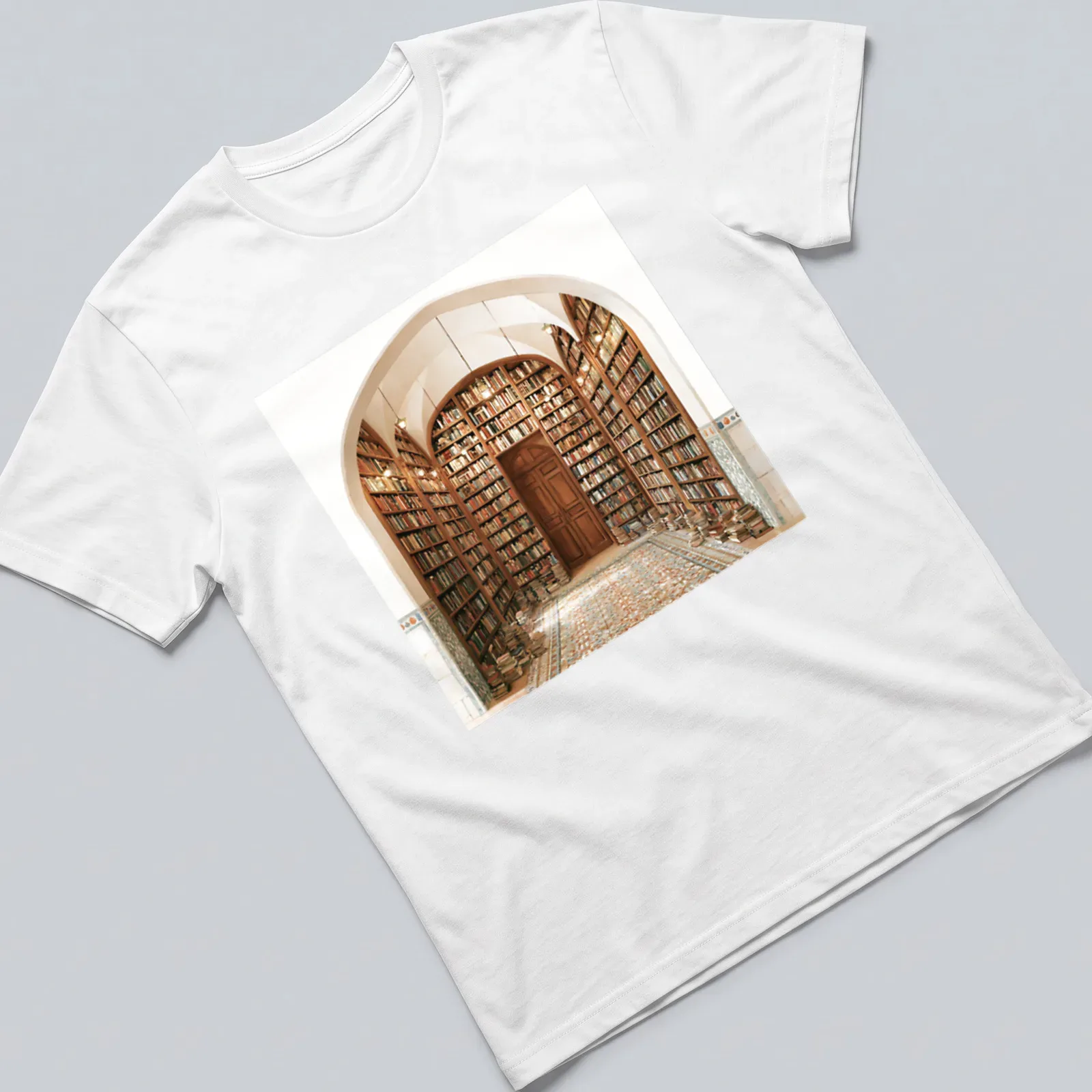 Realistic illustration of a library doorway with the text 'Doorway To Everywhere' — printed on a unisex t-shirt
