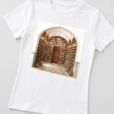 Realistic illustration of a library doorway with the text 'Doorway To Everywhere' — printed on a women's shirt