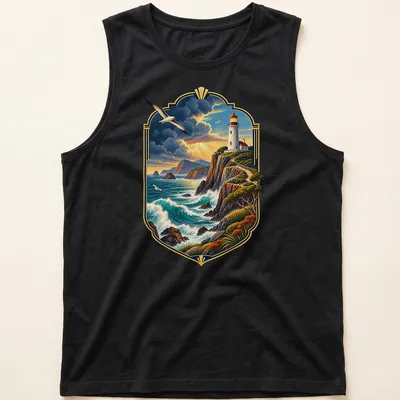 Vintage landscape print of a lighthouse by the coast in blue, green, and orange — printed on a tank top