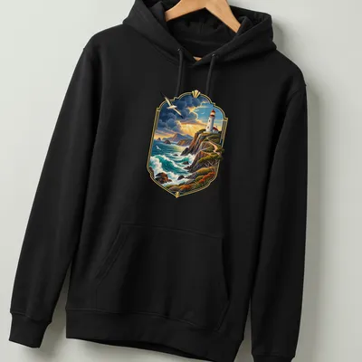 Vintage landscape print of a lighthouse by the coast in blue, green, and orange — printed on a unisex hoodie