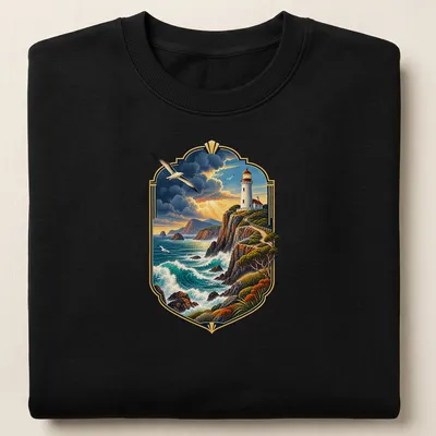 Vintage landscape print of a lighthouse by the coast in blue, green, and orange — printed on a unisex sweatshirt