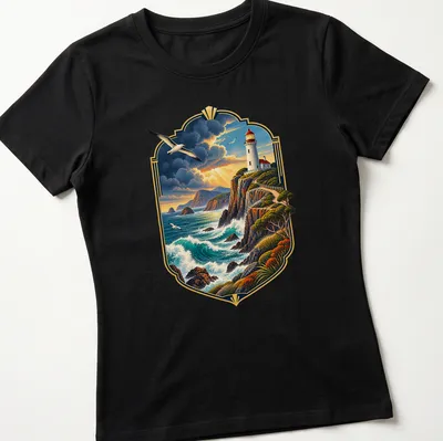 Vintage landscape print of a lighthouse by the coast in blue, green, and orange — printed on a women's shirt
