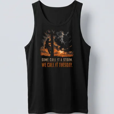 Vintage distressed t-shirt with humorous lineman text in orange and gray — printed on a tank top