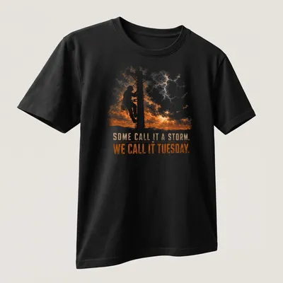 Vintage distressed t-shirt with humorous lineman text in orange and gray — printed on a unisex t-shirt (angled view)
