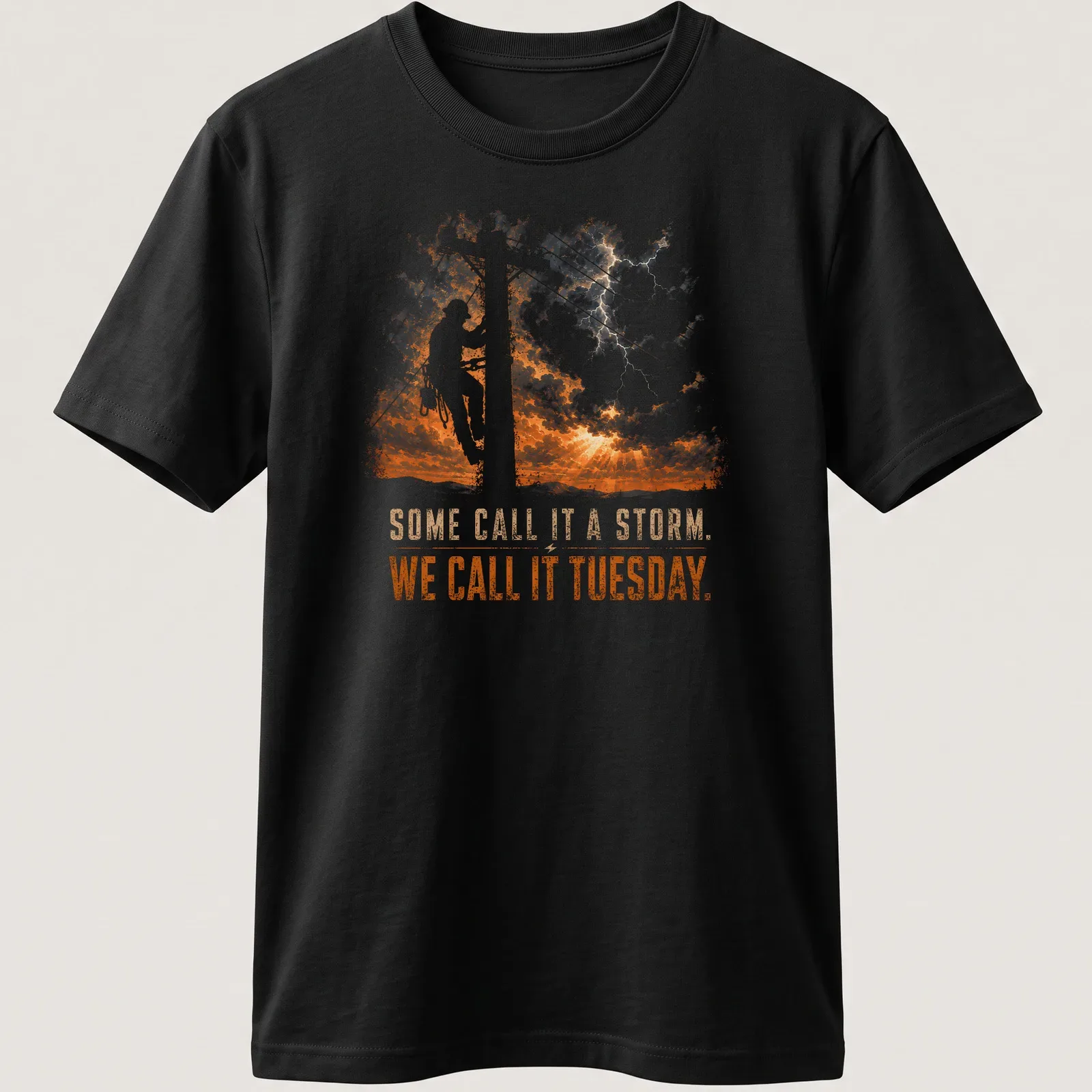 Vintage distressed t-shirt with humorous lineman text in orange and gray — printed on a unisex t-shirt