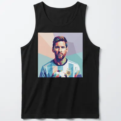 Pop art portrait of Lionel Messi with soccer ball in vibrant colors — printed on a tank top