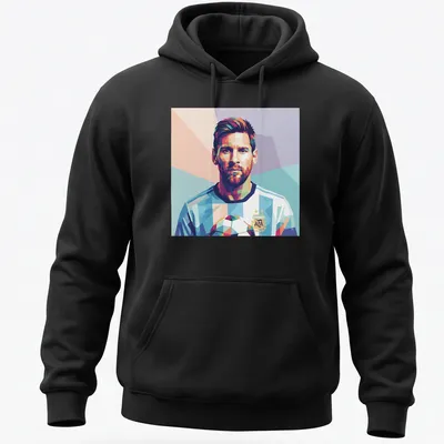 Pop art portrait of Lionel Messi with soccer ball in vibrant colors — printed on a unisex hoodie