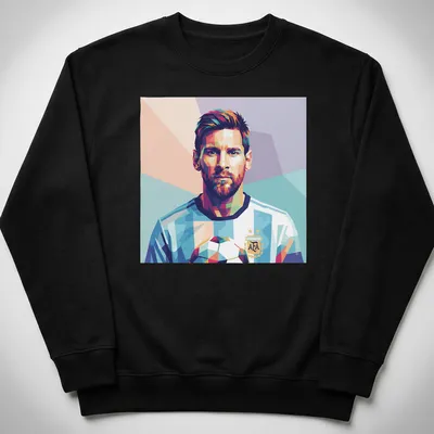 Pop art portrait of Lionel Messi with soccer ball in vibrant colors — printed on a unisex sweatshirt