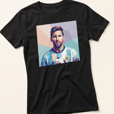 Pop art portrait of Lionel Messi with soccer ball in vibrant colors — printed on a women's shirt