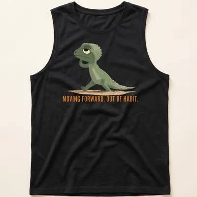 Cartoon lizard graphic with text about moving forward out of habit in green and orange — printed on a tank top