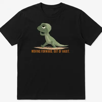 Cartoon lizard graphic with text about moving forward out of habit in green and orange