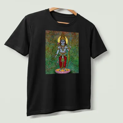 Digital drawing of Lord Rama in vibrant colors on a — printed on a unisex t-shirt (angled view)