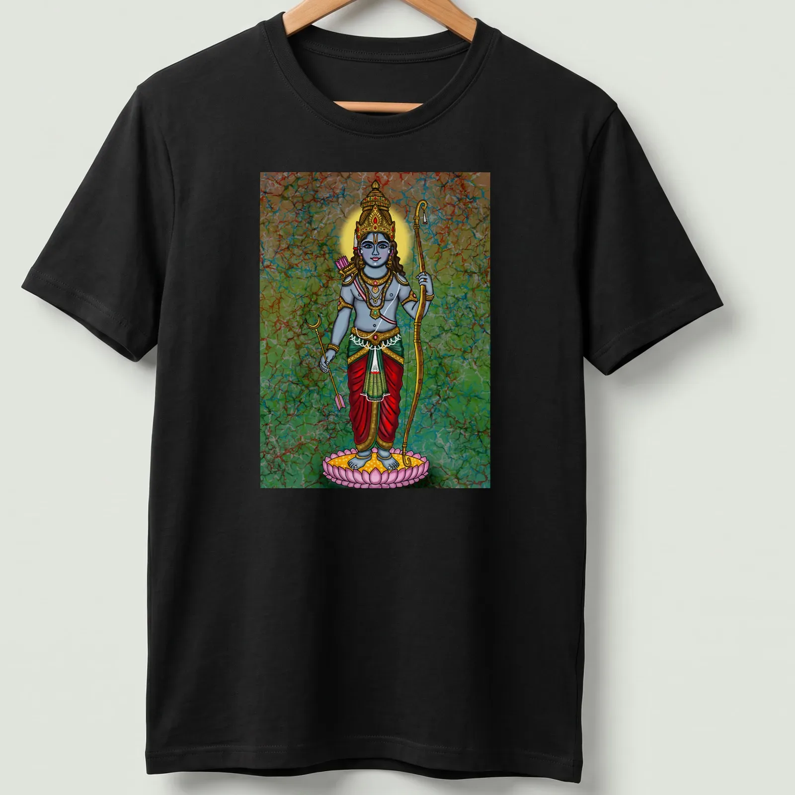 Digital drawing of Lord Rama in vibrant colors on a — printed on a unisex t-shirt