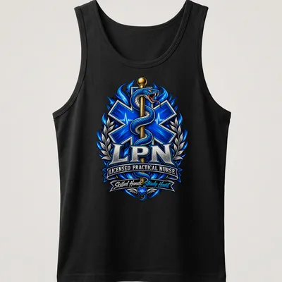 Detailed illustration of a caduceus with the text 'LPN Licensed Practical Nurse' in vibrant colors — printed on a tank top