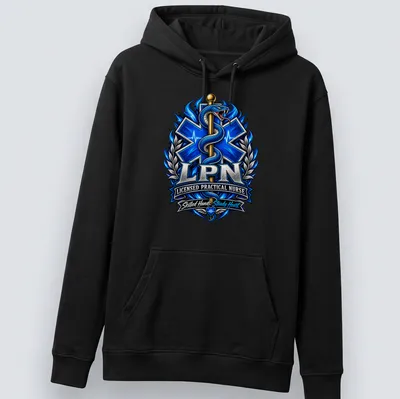 Detailed illustration of a caduceus with the text 'LPN Licensed Practical Nurse' in vibrant colors — printed on a unisex hoodie