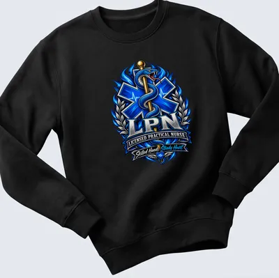 Detailed illustration of a caduceus with the text 'LPN Licensed Practical Nurse' in vibrant colors — printed on a unisex sweatshirt
