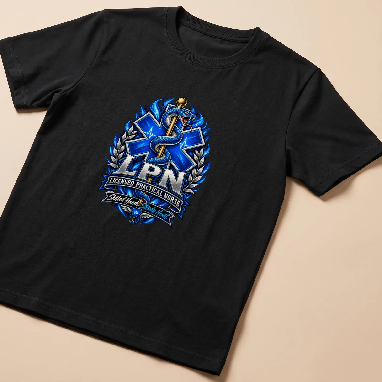 Detailed illustration of a caduceus with the text 'LPN Licensed Practical Nurse' in vibrant colors — printed on a unisex t-shirt