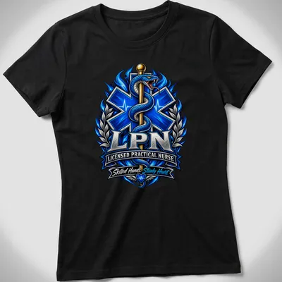 Detailed illustration of a caduceus with the text 'LPN Licensed Practical Nurse' in vibrant colors — printed on a women's shirt