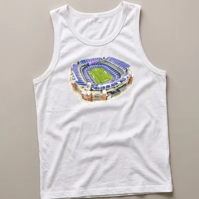 Watercolor print of M&T Bank Stadium in purple, green, white, and brown — printed on a tank top