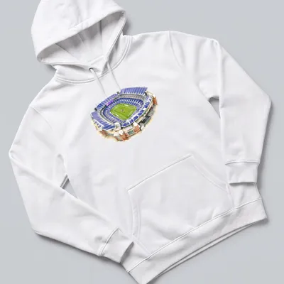 Watercolor print of M&T Bank Stadium in purple, green, white, and brown — printed on a unisex hoodie