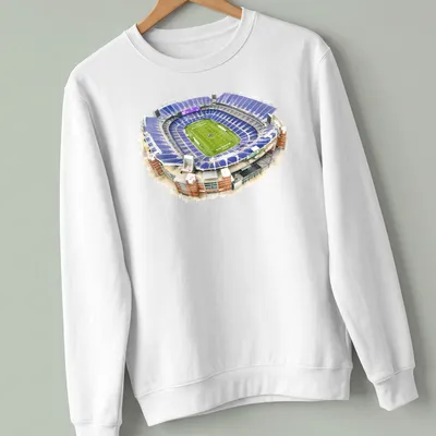 Watercolor print of M&T Bank Stadium in purple, green, white, and brown — printed on a unisex sweatshirt