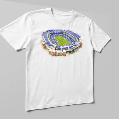 Watercolor print of M&T Bank Stadium in purple, green, white, and brown — printed on a unisex t-shirt (angled view)