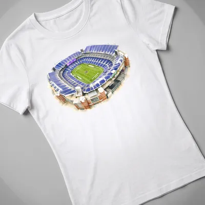 Watercolor print of M&T Bank Stadium in purple, green, white, and brown — printed on a women's shirt