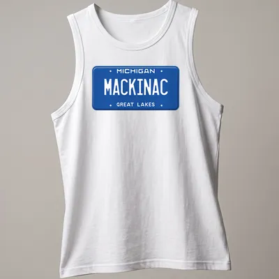 Vintage license plate design featuring Michigan Mackinac Great Lakes text — printed on a tank top