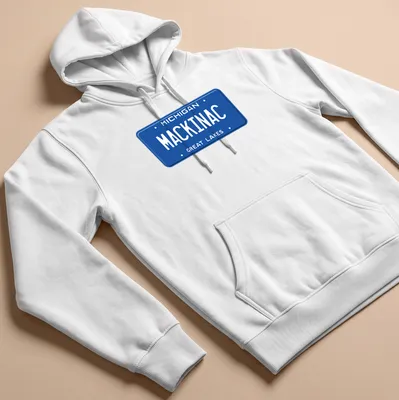 Vintage license plate design featuring Michigan Mackinac Great Lakes text — printed on a unisex hoodie