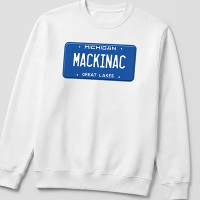 Vintage license plate design featuring Michigan Mackinac Great Lakes text — printed on a unisex sweatshirt