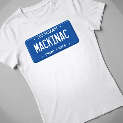 Vintage license plate design featuring Michigan Mackinac Great Lakes text — printed on a women's shirt