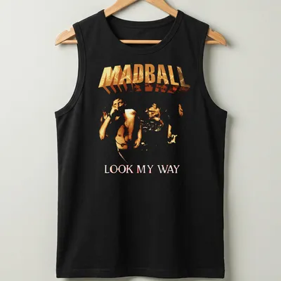 Bold graphic tee featuring Madball Look My Way text in orange and white — printed on a tank top
