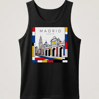 Mondrian style T-shirt featuring a cityscape of Madrid in bold colors — printed on a tank top