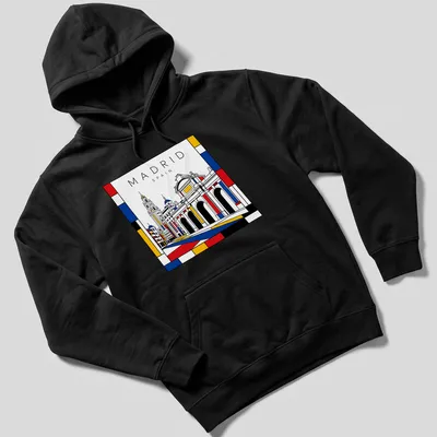 Mondrian style T-shirt featuring a cityscape of Madrid in bold colors — printed on a unisex hoodie