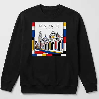 Mondrian style T-shirt featuring a cityscape of Madrid in bold colors — printed on a unisex sweatshirt
