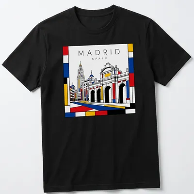 Mondrian style T-shirt featuring a cityscape of Madrid in bold colors
