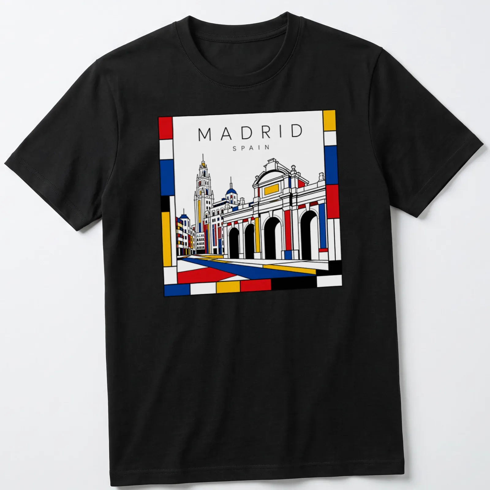 Mondrian style T-shirt featuring a cityscape of Madrid in bold colors — printed on a unisex t-shirt
