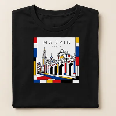 Mondrian style T-shirt featuring a cityscape of Madrid in bold colors — printed on a women's shirt