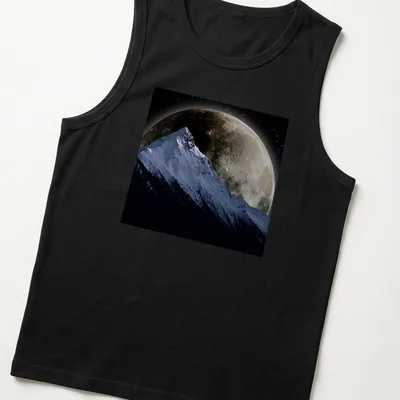 Realistic snowy mountain under a giant full moon with blue and gray tones — printed on a tank top