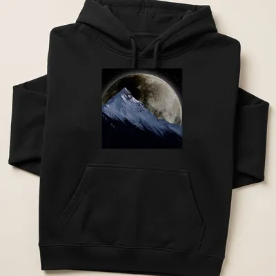 Realistic snowy mountain under a giant full moon with blue and gray tones — printed on a unisex hoodie