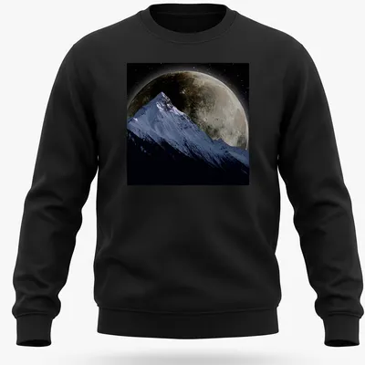 Realistic snowy mountain under a giant full moon with blue and gray tones — printed on a unisex sweatshirt