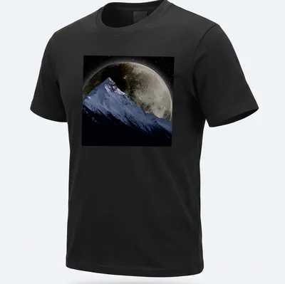 Realistic snowy mountain under a giant full moon with blue and gray tones