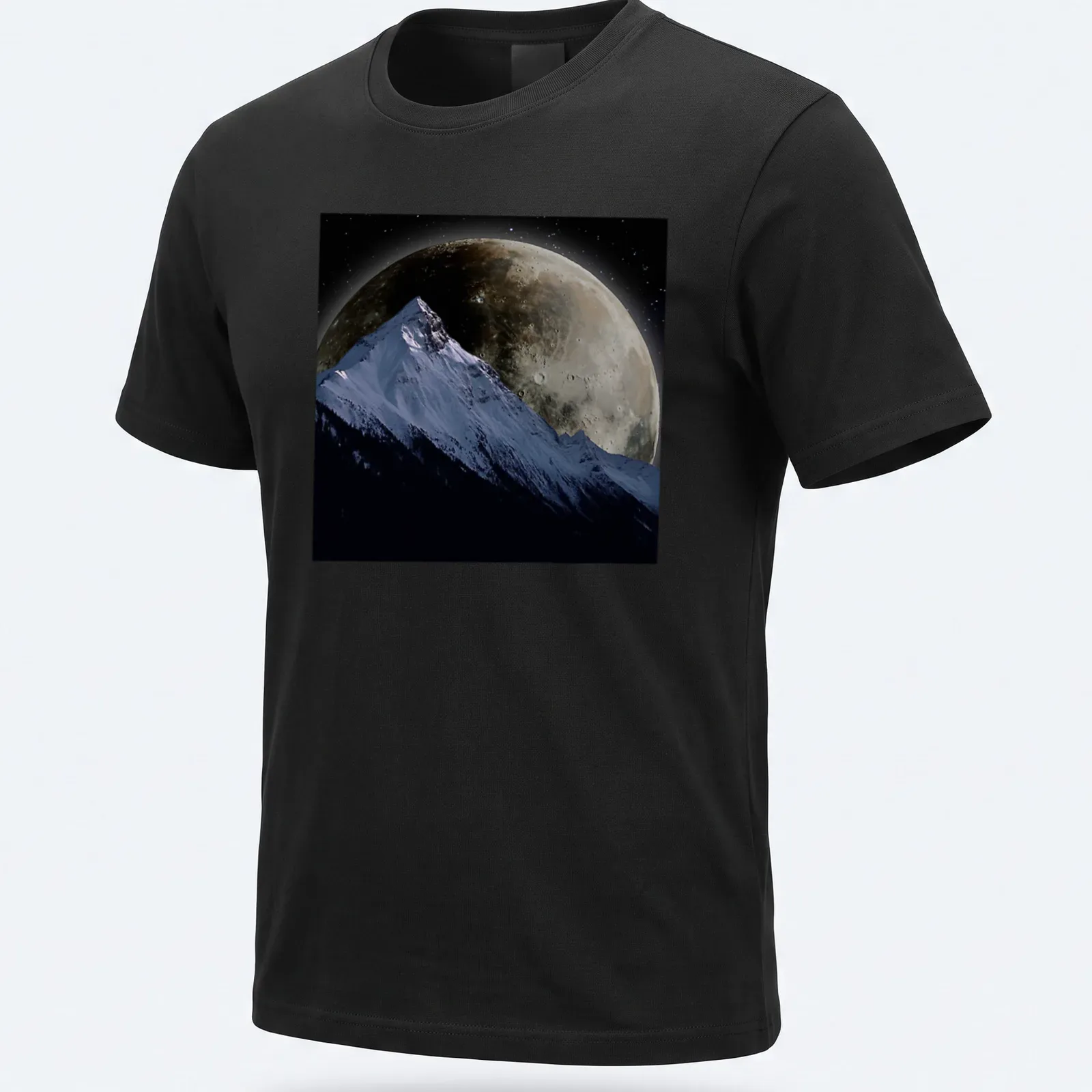 Realistic snowy mountain under a giant full moon with blue and gray tones — printed on a unisex t-shirt