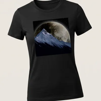 Realistic snowy mountain under a giant full moon with blue and gray tones — printed on a women's shirt