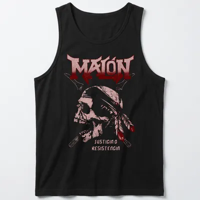 Bold graphic of a skull with red and white text reading 'MALÓN JUSTICIA O RESISTENCIA' — printed on a tank top