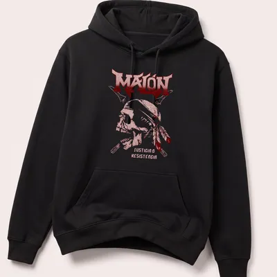 Bold graphic of a skull with red and white text reading 'MALÓN JUSTICIA O RESISTENCIA' — printed on a unisex hoodie