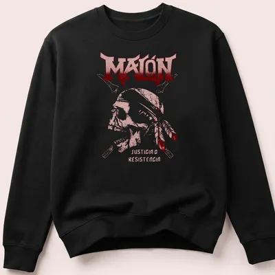 Bold graphic of a skull with red and white text reading 'MALÓN JUSTICIA O RESISTENCIA' — printed on a unisex sweatshirt